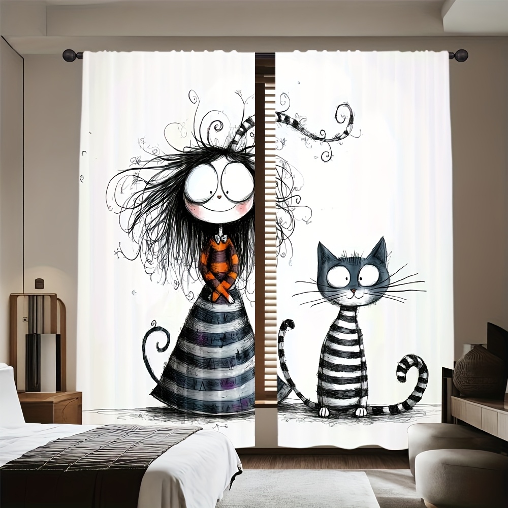 Home Office Tim - 2 rideaux gothiques fille et chat,